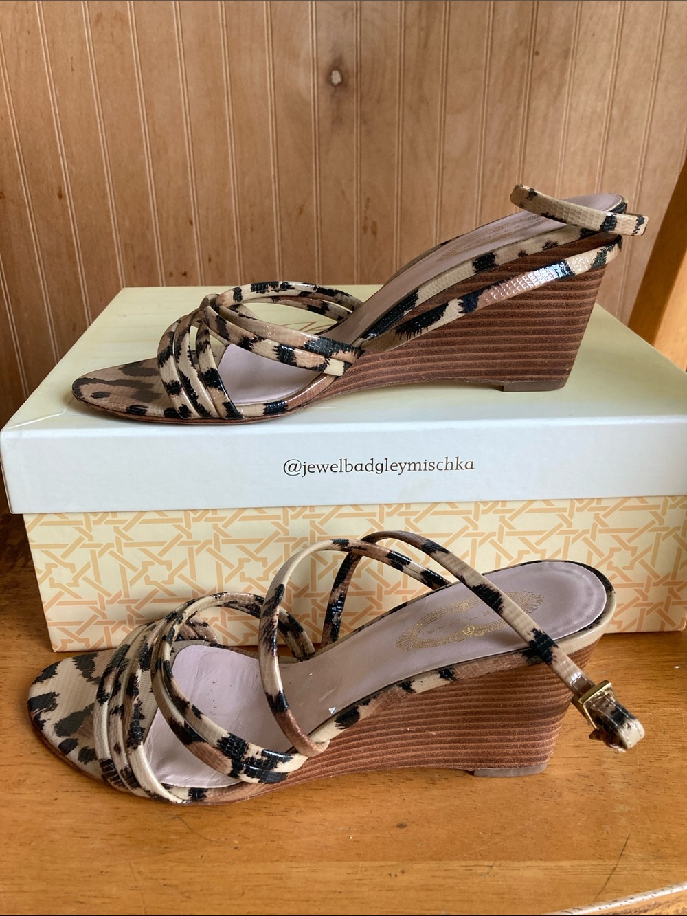 Elie Tahari  Leopard-Print Ankle Strap Wedge Sandals - Tan/Black